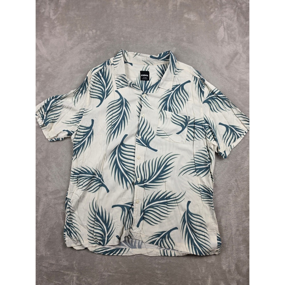 RSQ Button‎ Up Shirt Mens XXL Fit XL White Palm Leaf Print Short Sleeve Viscose